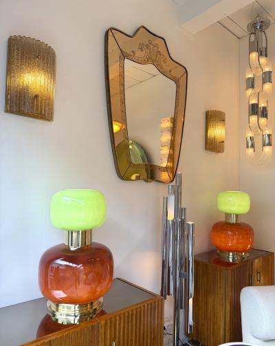 Contemporary Pair of Brass and Green Murano Glass Bulb Shade Lamps Italy