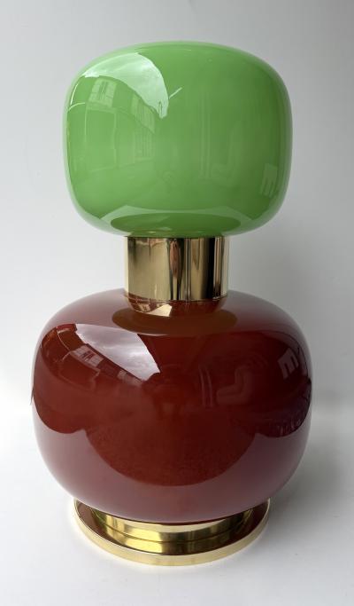 Contemporary Pair of Brass and Green Murano Glass Bulb Shade Lamps Italy