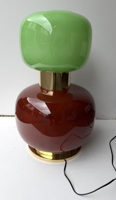 Contemporary Pair of Brass and Green Murano Glass Bulb Shade Lamps Italy