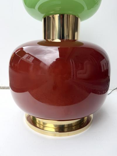 Contemporary Pair of Brass and Green Murano Glass Bulb Shade Lamps Italy