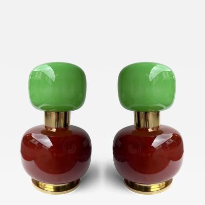 Contemporary Pair of Brass and Green Murano Glass Bulb Shade Lamps Italy