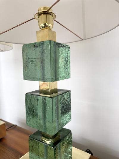 Contemporary Pair of Brass and Green Murano Glass Cube Lamps Italy