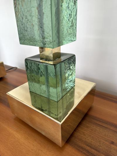 Contemporary Pair of Brass and Green Murano Glass Cube Lamps Italy