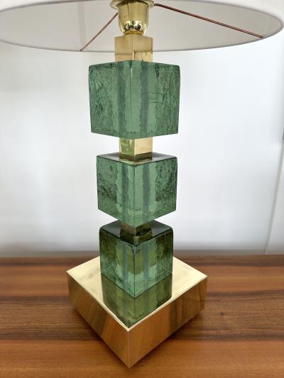 Contemporary Pair of Brass and Green Murano Glass Cube Lamps Italy
