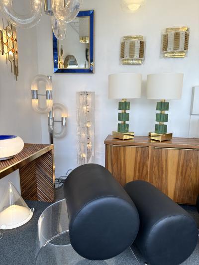 Contemporary Pair of Brass and Green Murano Glass Cube Lamps Italy