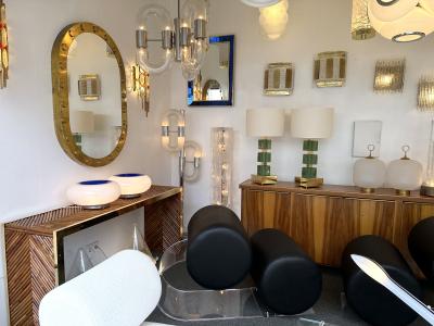 Contemporary Pair of Brass and Green Murano Glass Cube Lamps Italy