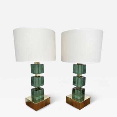 Contemporary Pair of Brass and Green Murano Glass Cube Lamps Italy