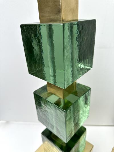 Contemporary Pair of Brass and Green Murano Glass Cube Lamps Italy