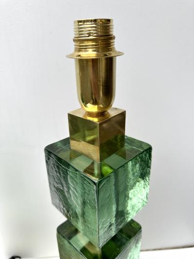 Contemporary Pair of Brass and Green Murano Glass Cube Lamps Italy