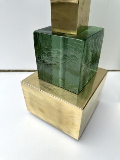 Contemporary Pair of Brass and Green Murano Glass Cube Lamps Italy