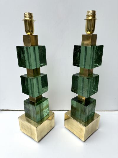 Contemporary Pair of Brass and Green Murano Glass Cube Lamps Italy