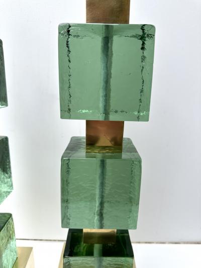 Contemporary Pair of Brass and Green Murano Glass Cube Lamps Italy