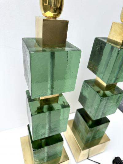 Contemporary Pair of Brass and Green Murano Glass Cube Lamps Italy