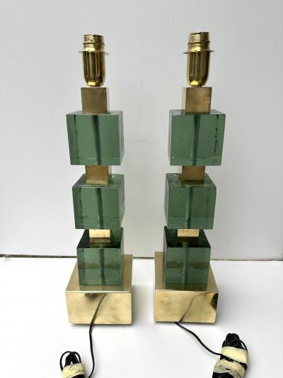 Contemporary Pair of Brass and Green Murano Glass Cube Lamps Italy