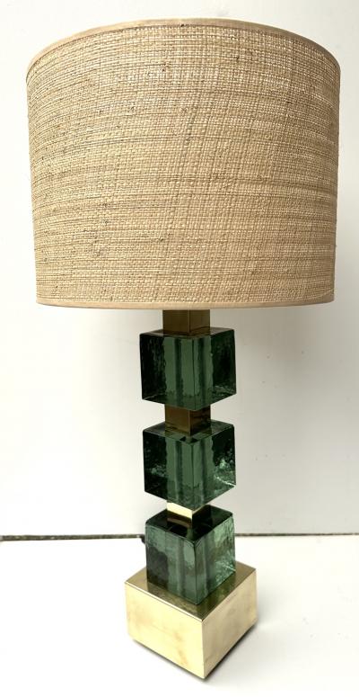 Contemporary Pair of Brass and Green Murano Glass Cube Lamps Italy