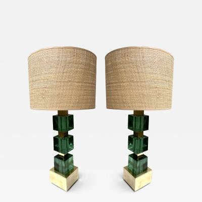 Contemporary Pair of Brass and Green Murano Glass Cube Lamps Italy
