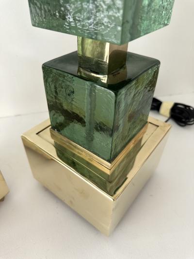 Contemporary Pair of Brass and Green Murano Glass Cube Lamps Italy