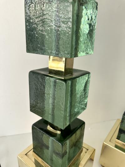 Contemporary Pair of Brass and Green Murano Glass Cube Lamps Italy