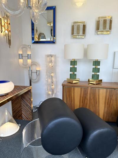 Contemporary Pair of Brass and Green Murano Glass Cube Lamps Italy