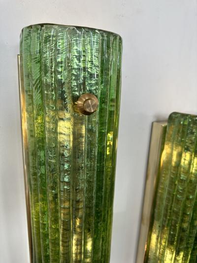 Contemporary Pair of Brass and Green Murano Glass Sconces Italy