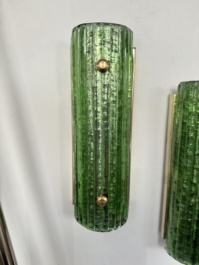 Contemporary Pair of Brass and Green Murano Glass Sconces Italy
