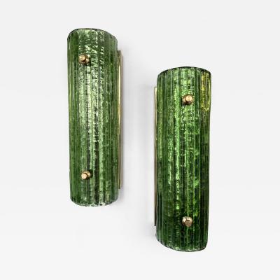 Contemporary Pair of Brass and Green Murano Glass Sconces Italy