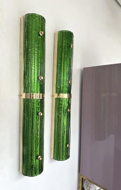 Contemporary Pair of Brass and Green Murano Glass Sconces Italy