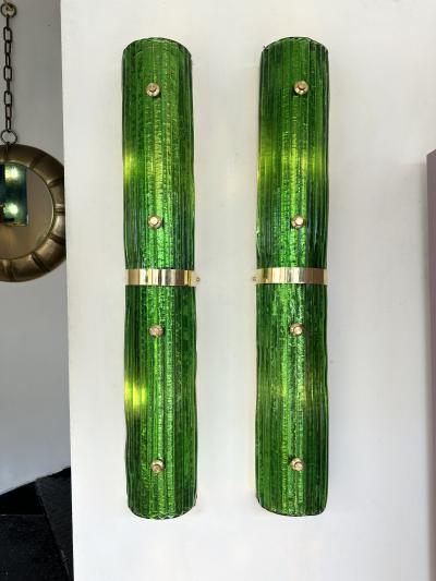 Contemporary Pair of Brass and Green Murano Glass Sconces Italy