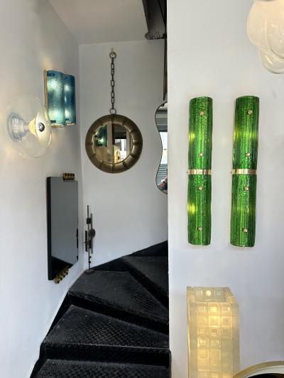 Contemporary Pair of Brass and Green Murano Glass Sconces Italy