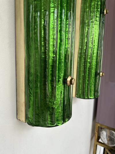 Contemporary Pair of Brass and Green Murano Glass Sconces Italy