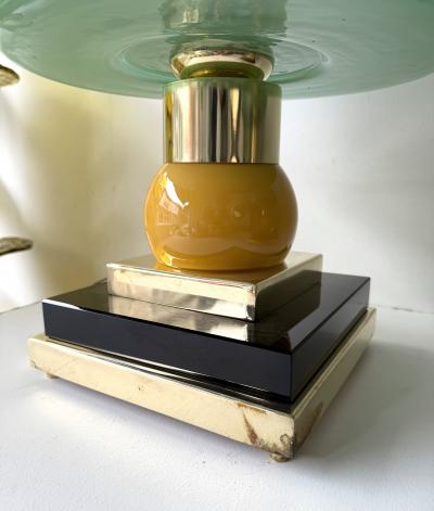 Contemporary Pair of Brass and Green Murano Glass Wave Shades Lamps Italy