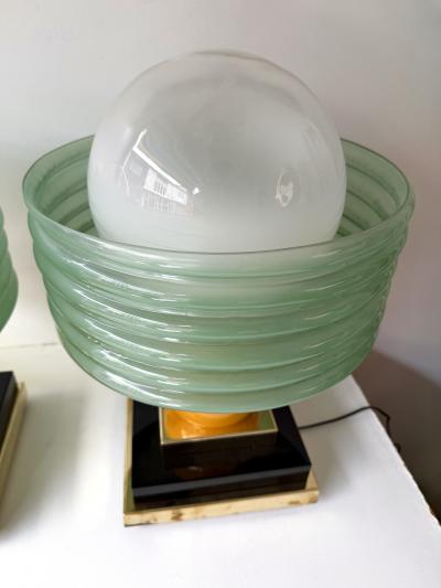 Contemporary Pair of Brass and Green Murano Glass Wave Shades Lamps Italy