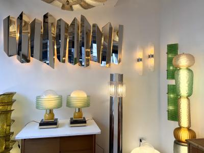 Contemporary Pair of Brass and Green Murano Glass Wave Shades Lamps Italy
