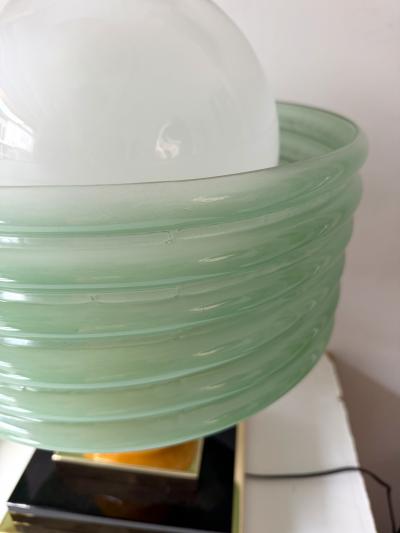 Contemporary Pair of Brass and Green Murano Glass Wave Shades Lamps Italy