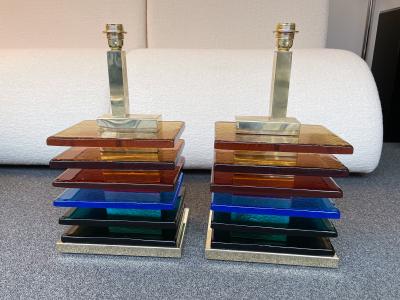 Contemporary Pair of Brass and Multicolor Murano Glass Blade Lamps Italy