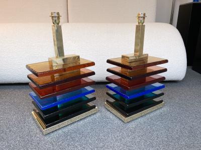 Contemporary Pair of Brass and Multicolor Murano Glass Blade Lamps Italy
