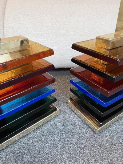 Contemporary Pair of Brass and Multicolor Murano Glass Blade Lamps Italy