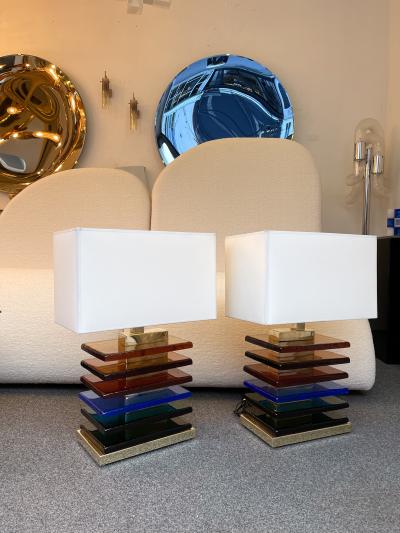 Contemporary Pair of Brass and Multicolor Murano Glass Blade Lamps Italy