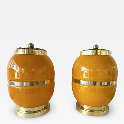 Contemporary Pair of Brass and Murano Glass Barrel Lamps Italy