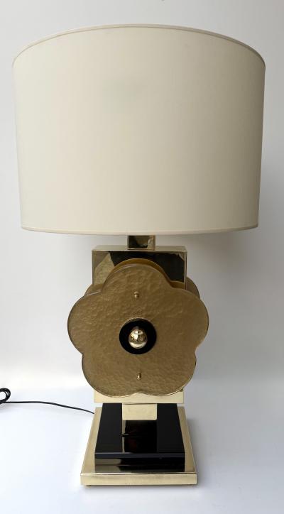 Contemporary Pair of Brass and Murano Glass Big Gold Flowers Lamps Italy