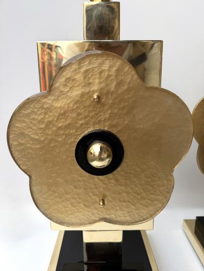 Contemporary Pair of Brass and Murano Glass Big Gold Flowers Lamps Italy