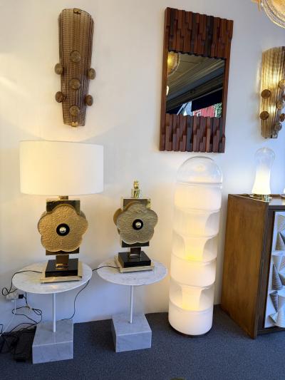 Contemporary Pair of Brass and Murano Glass Big Gold Flowers Lamps Italy
