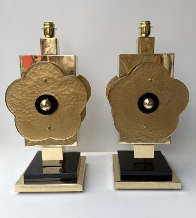 Contemporary Pair of Brass and Murano Glass Big Gold Flowers Lamps Italy