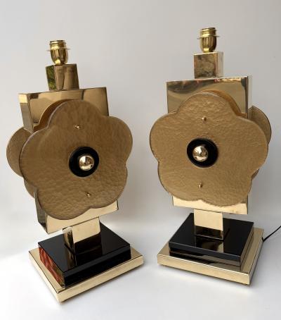 Contemporary Pair of Brass and Murano Glass Big Gold Flowers Lamps Italy