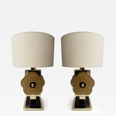 Contemporary Pair of Brass and Murano Glass Big Gold Flowers Lamps Italy