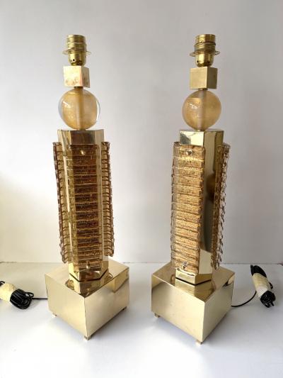 Contemporary Pair of Brass and Murano Glass Blade Robot Lamps Italy