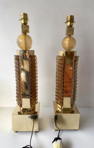 Contemporary Pair of Brass and Murano Glass Blade Robot Lamps Italy