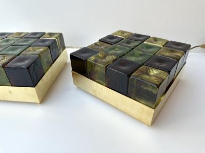Contemporary Pair of Brass and Murano Glass Cube Marquetry Lamps Italy