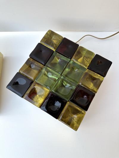 Contemporary Pair of Brass and Murano Glass Cube Marquetry Lamps Italy