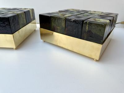 Contemporary Pair of Brass and Murano Glass Cube Marquetry Lamps Italy